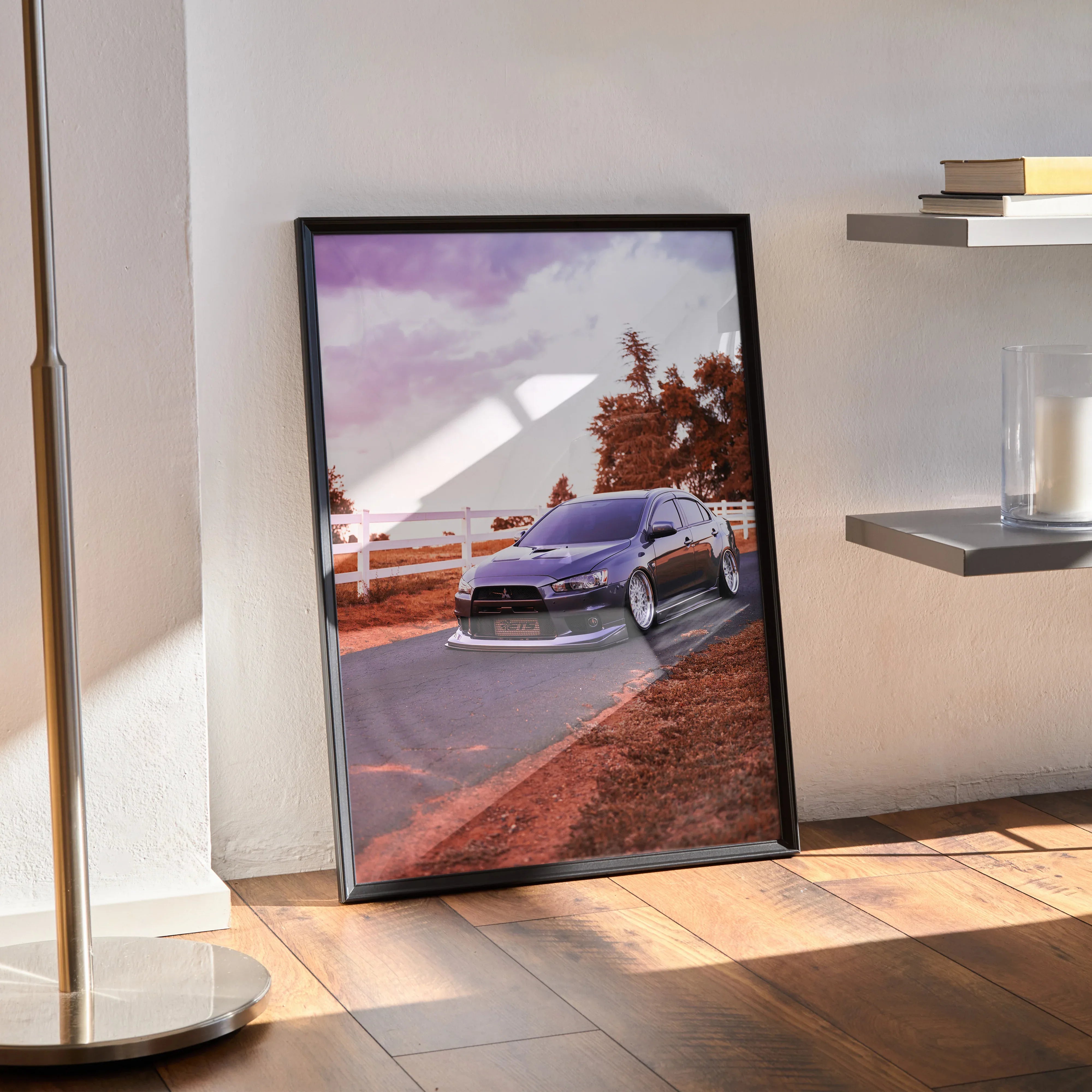 Mitsubishi Evo 10 poster with purple car parked by fence under a pink and purple sky, wall art in black frame.