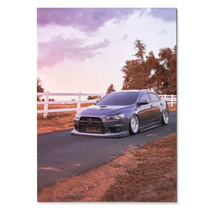 Mitsubishi Evo 10 parked on country road under purple sky poster wall art.
