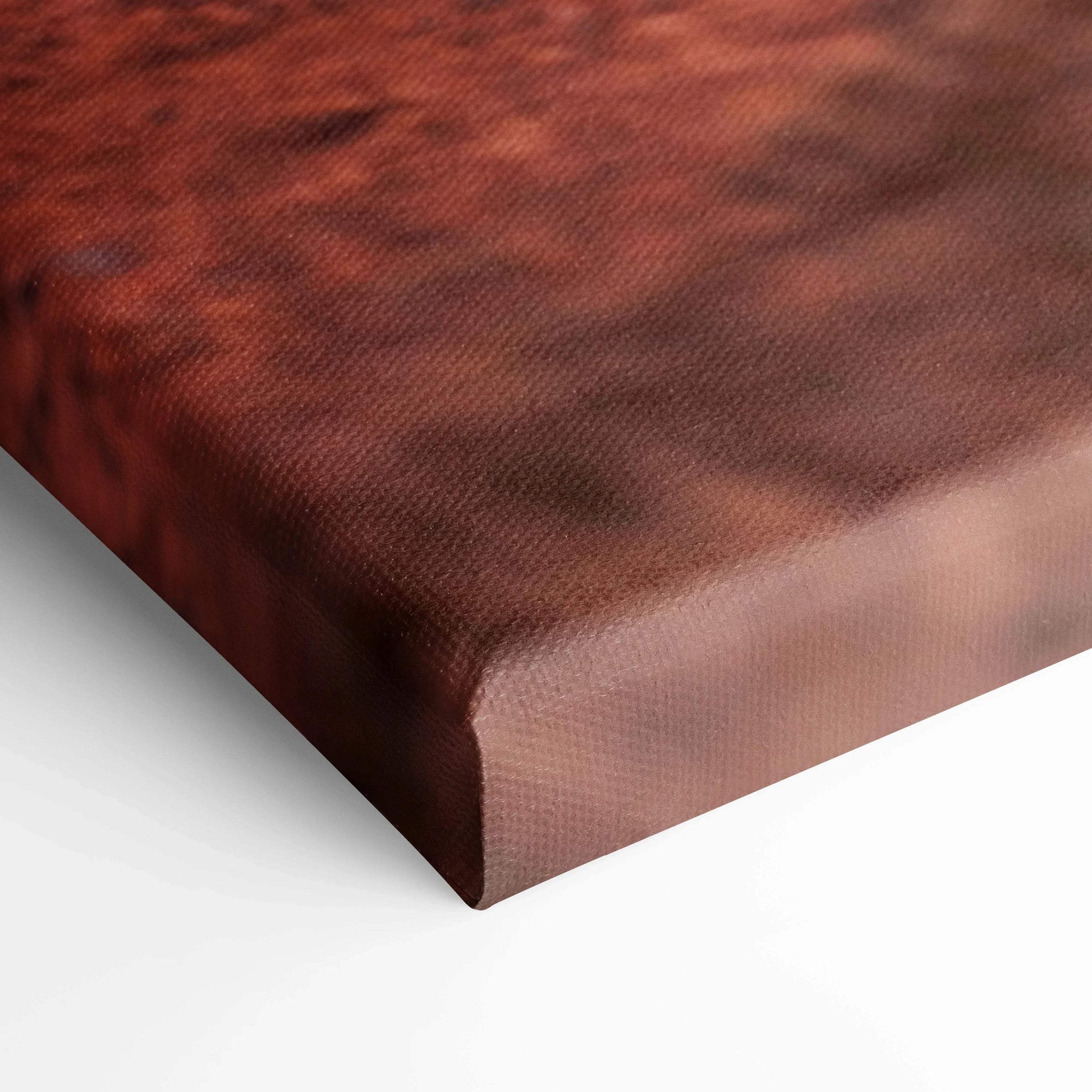 Close-up of brown textured canvas art corner with museum-quality print and wrapped edges wall art.