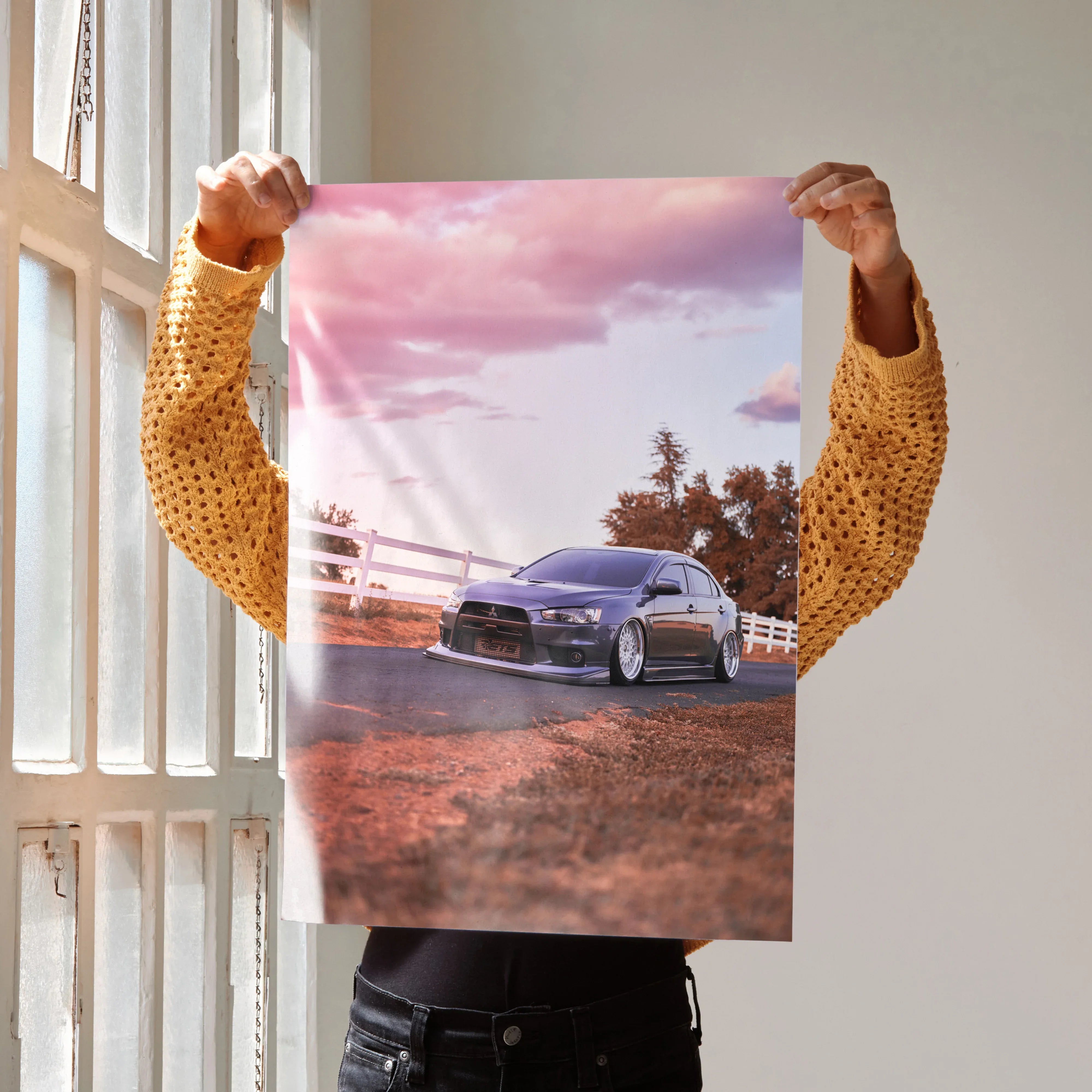 Mitsubishi Evo 10 car poster with sunset sky, sleek silver car on road for wall art.