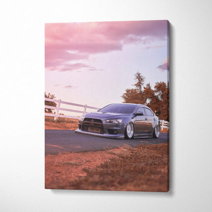 Mitsubishi Evo 10 on road at sunset canvas wall art with warm tones and vertical layout.