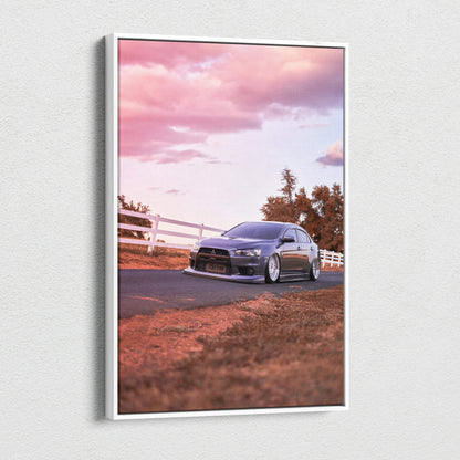 Mitsubishi Evo 10 parked on road at sunset vertical canvas wall art with pink sky and trees.