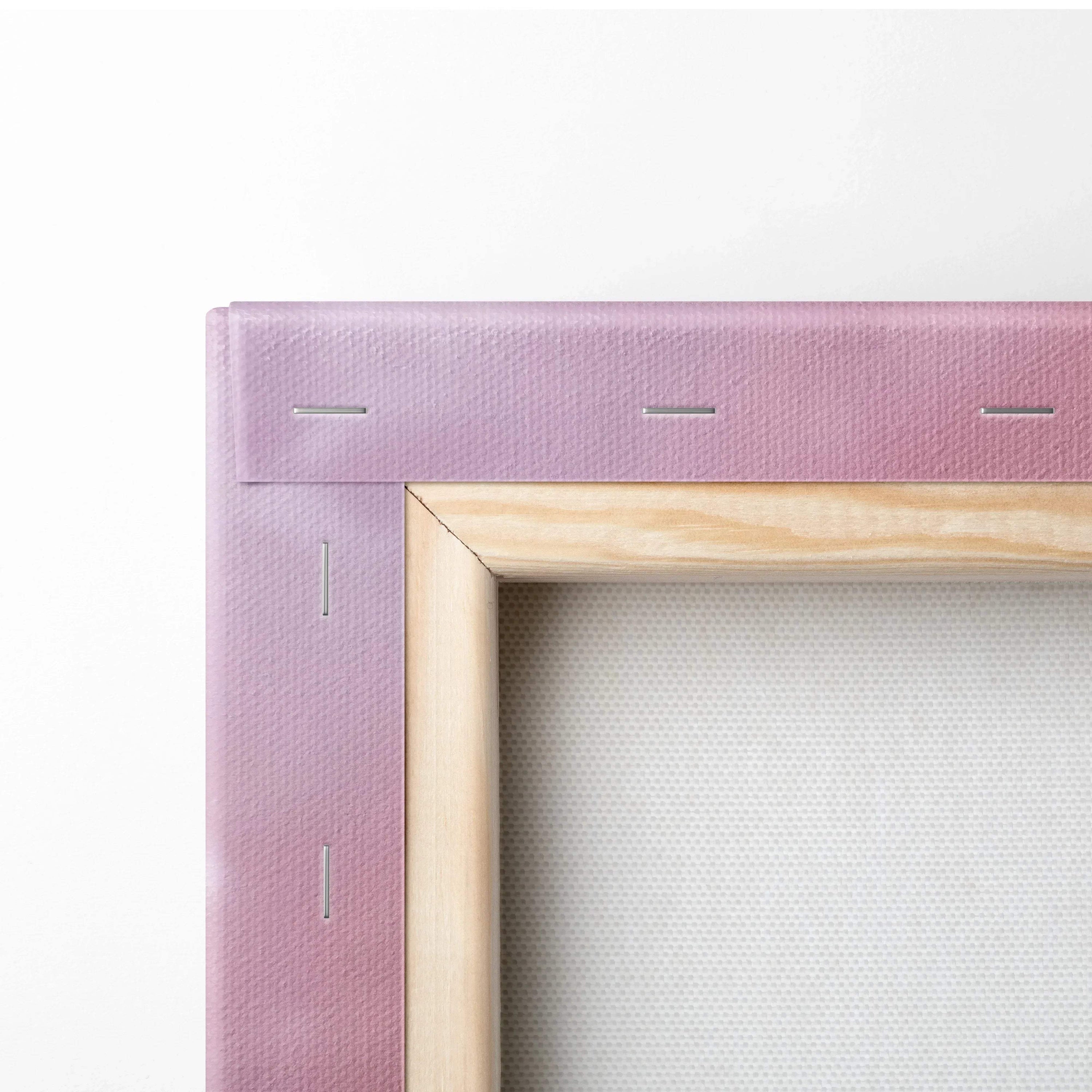 Close-up of Mitsubishi Evo 10 vertical canvas art with pink canvas edge and wooden frame backing.
