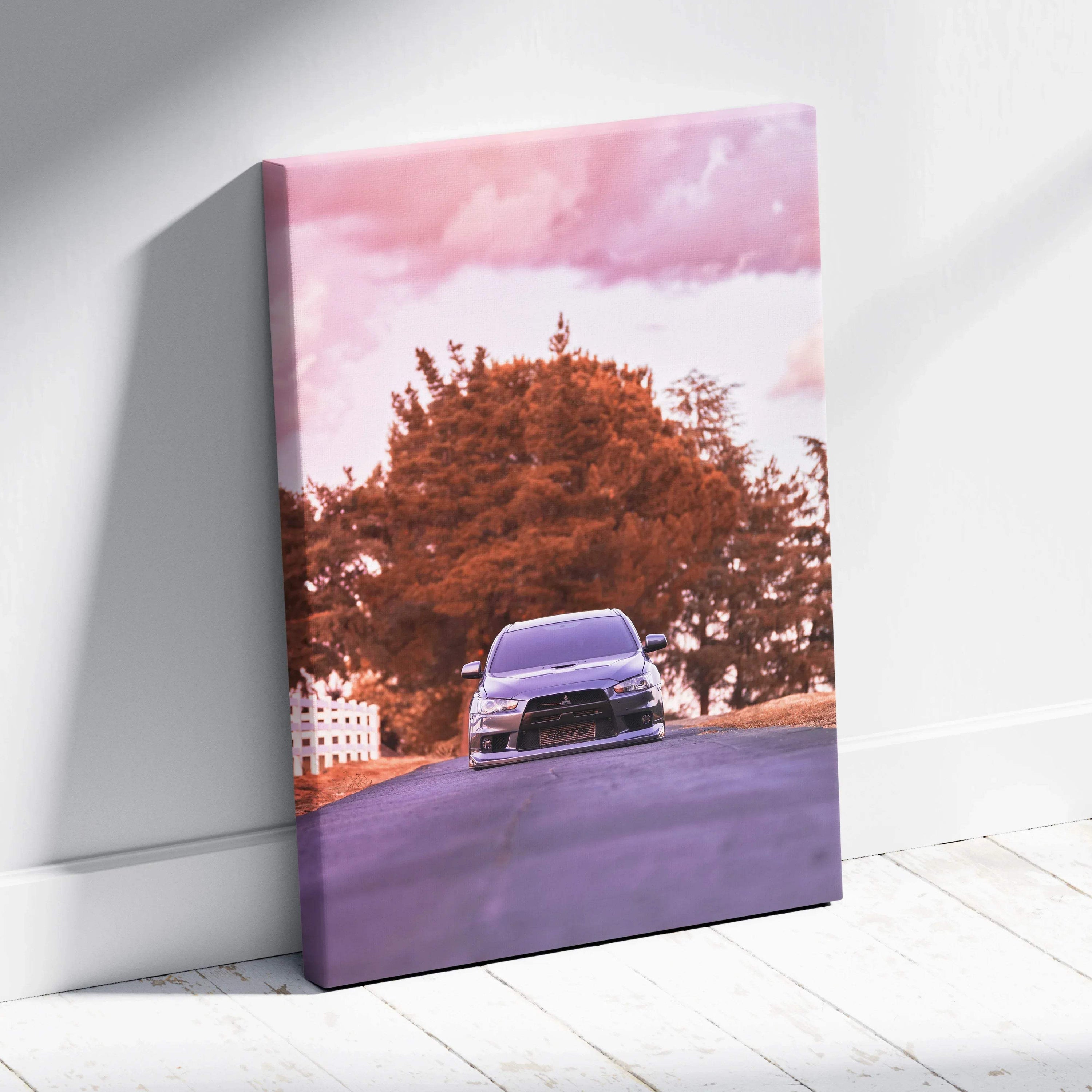 Mitsubishi Evo 10 front view on road with pink sky vertical canvas wall art.