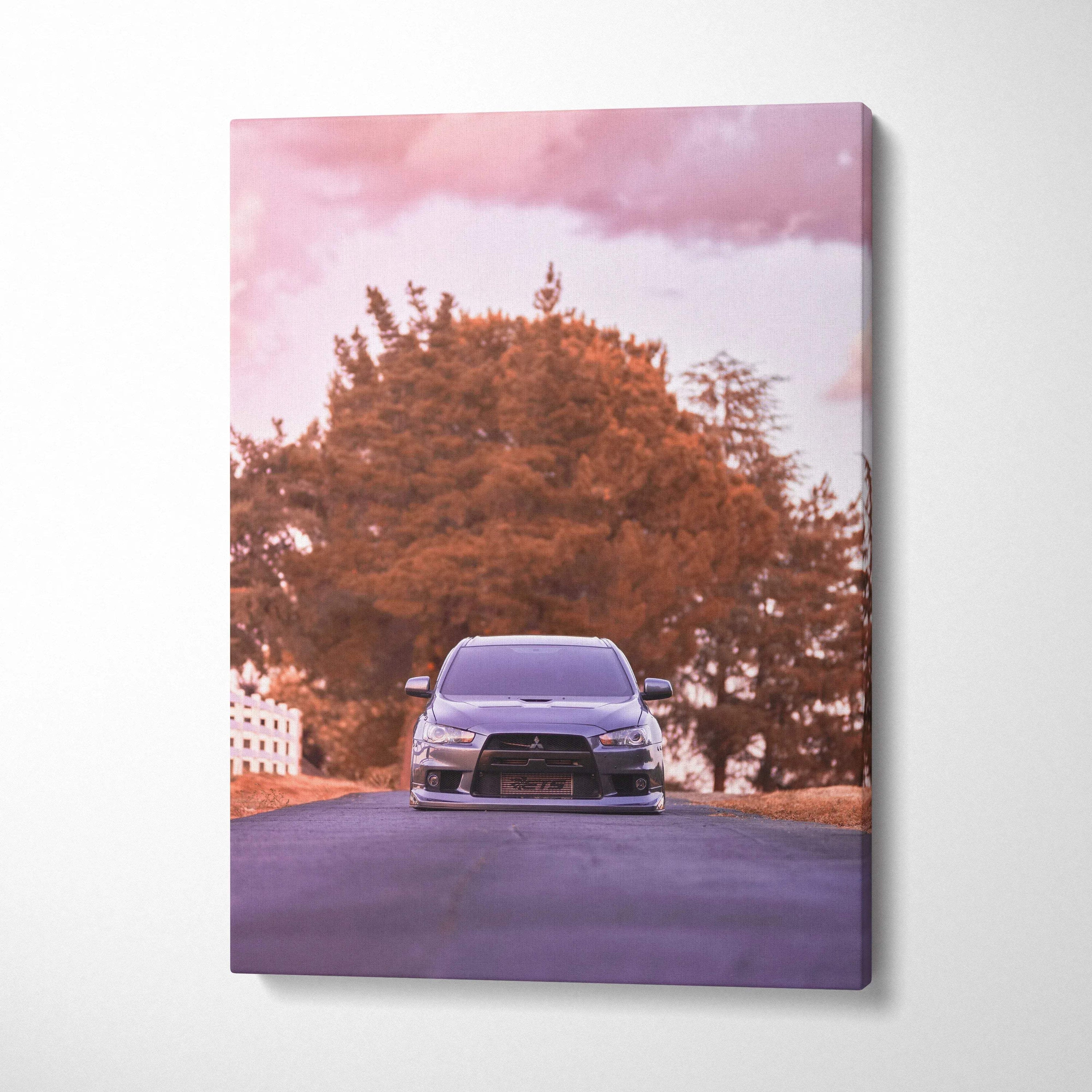 Mitsubishi Evo 10 parked on road under pink sky, vertical canvas wall art print.