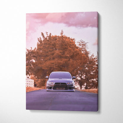 Mitsubishi Evo 10 parked on road under pink sky, vertical canvas wall art print.