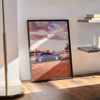 Mitsubishi Evo 10 poster wall art with sunset sky and scenic countryside road background.