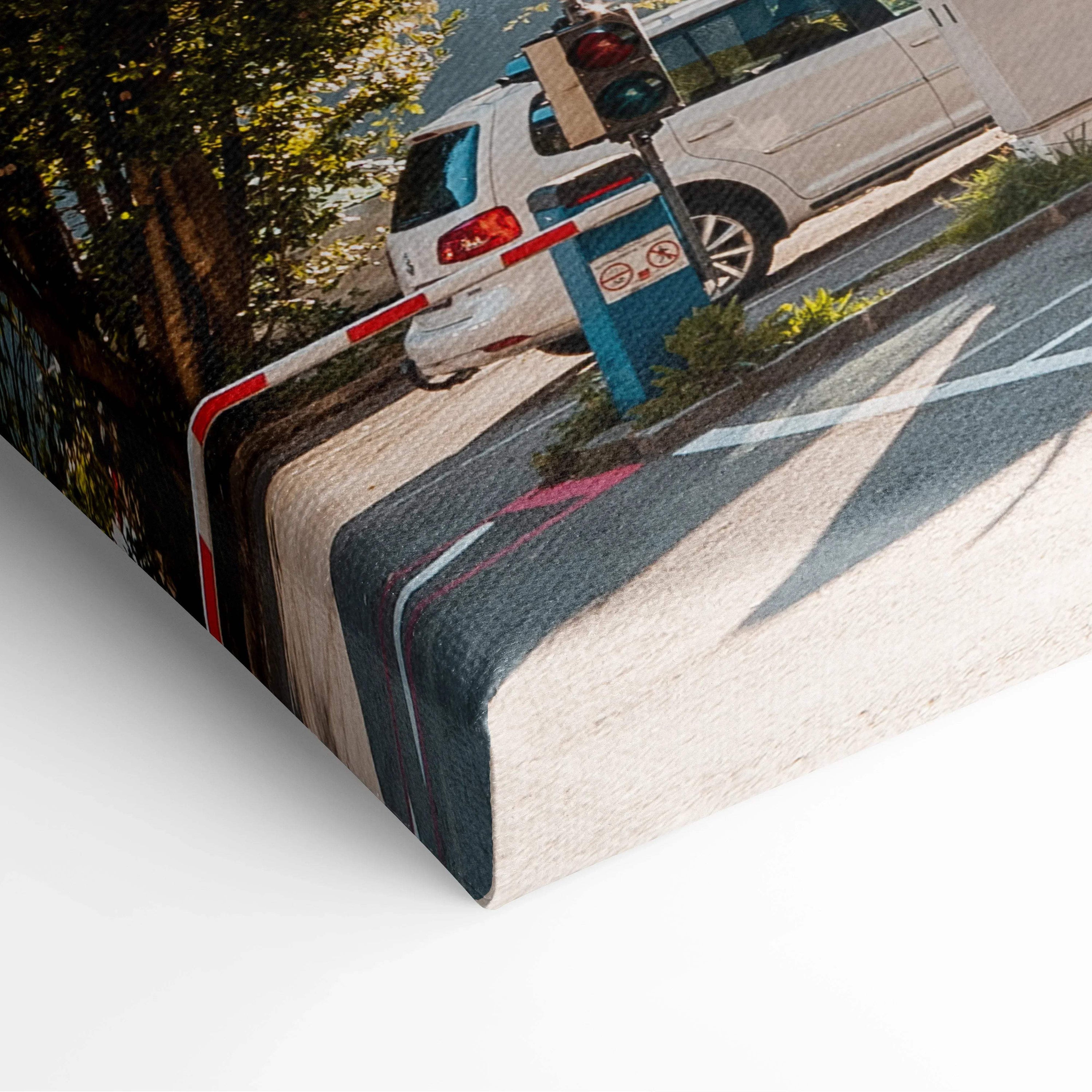 Canvas wall art featuring a close-up of an urban parking barrier and white cars in a digital architecture style.