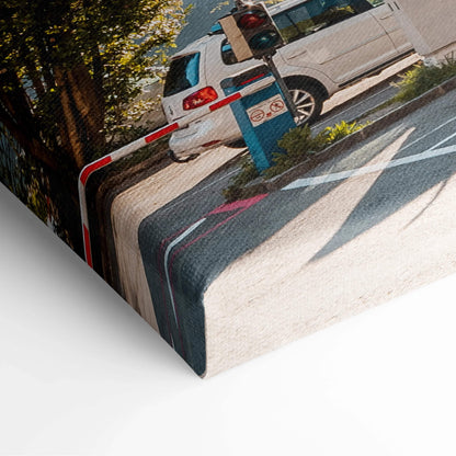 Canvas wall art featuring a close-up of an urban parking barrier and white cars in a digital architecture style.