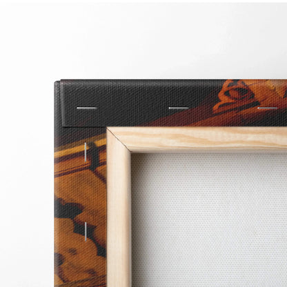 Close-up of stretched premium canvas art with wooden frame, textured wall art print edge.
