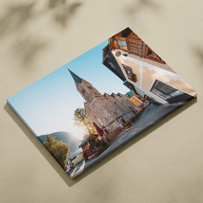 Canvas wall art featuring a detailed digital art print of a historic stone building under clear blue sky.