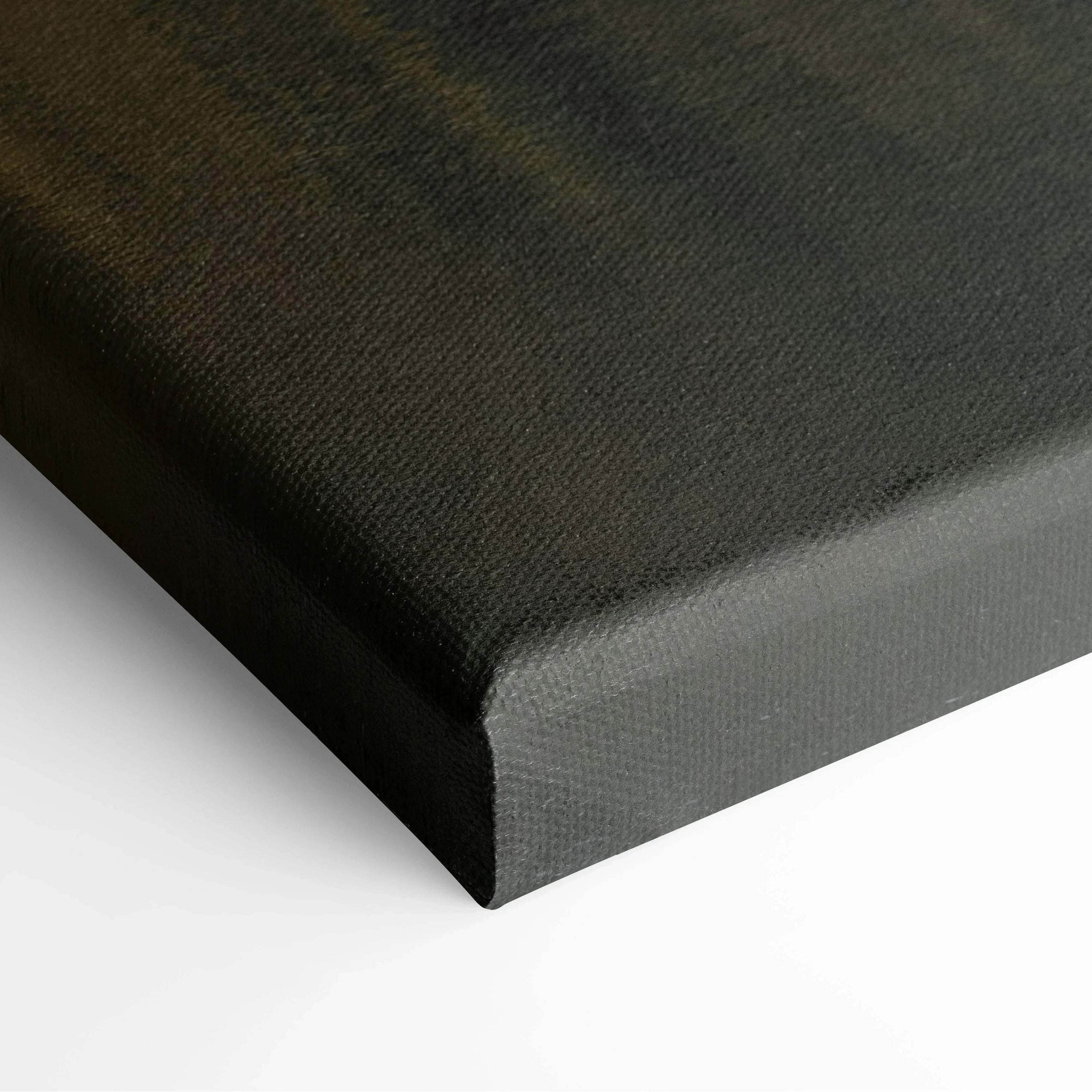 Black textured canvas stretched over wooden frame, corner detail of wall art print.