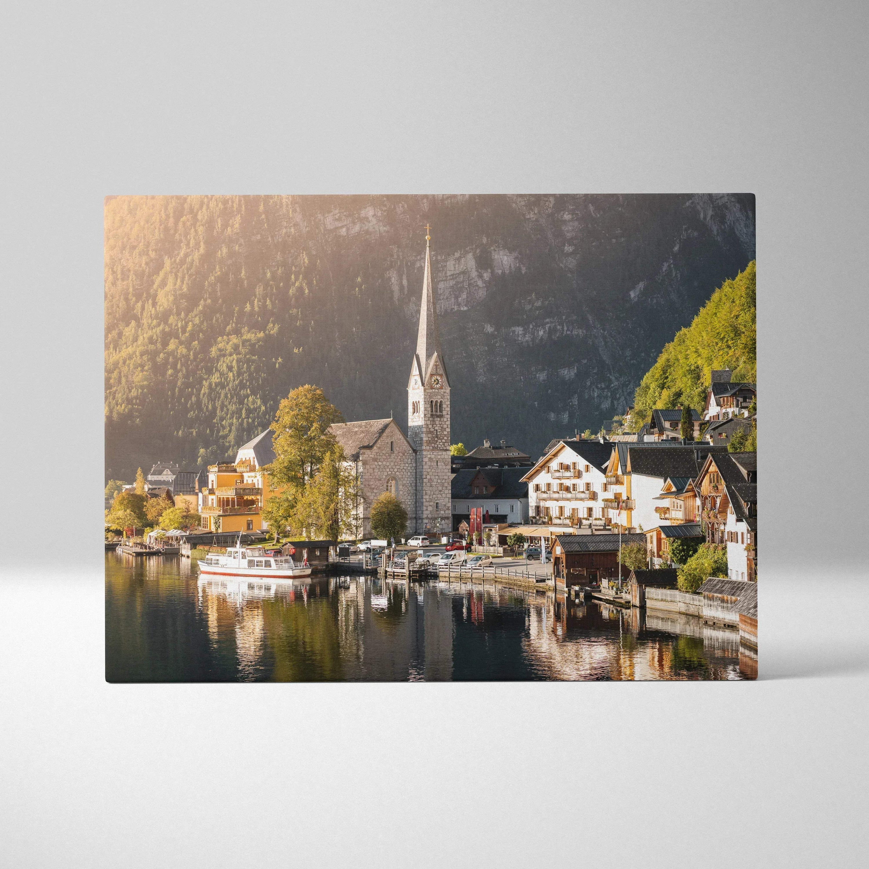 Canvas wall art print featuring high-resolution digital architecture of a lakeside village with a church steeple and boats.
