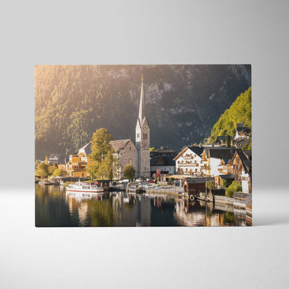Canvas wall art print featuring high-resolution digital architecture of a lakeside village with a church steeple and boats.