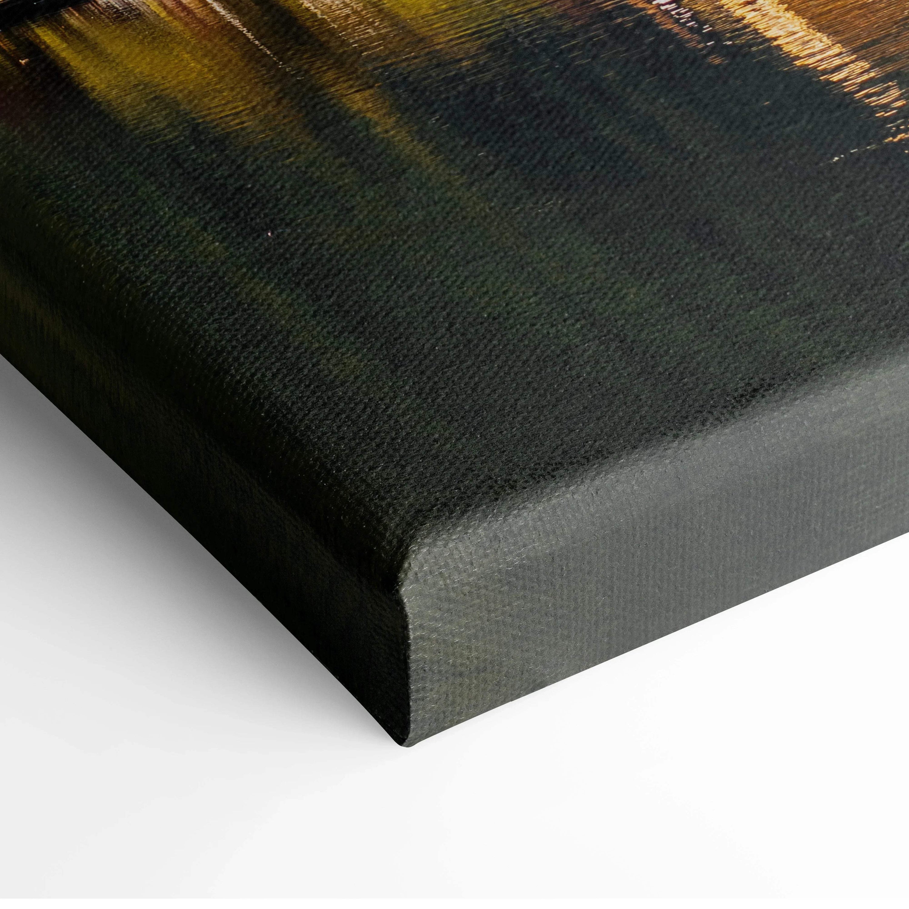 Black wrapped canvas wall art featuring abstract architectural digital design with warm gold and green tones.