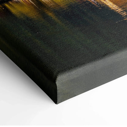 Black wrapped canvas wall art featuring abstract architectural digital design with warm gold and green tones.