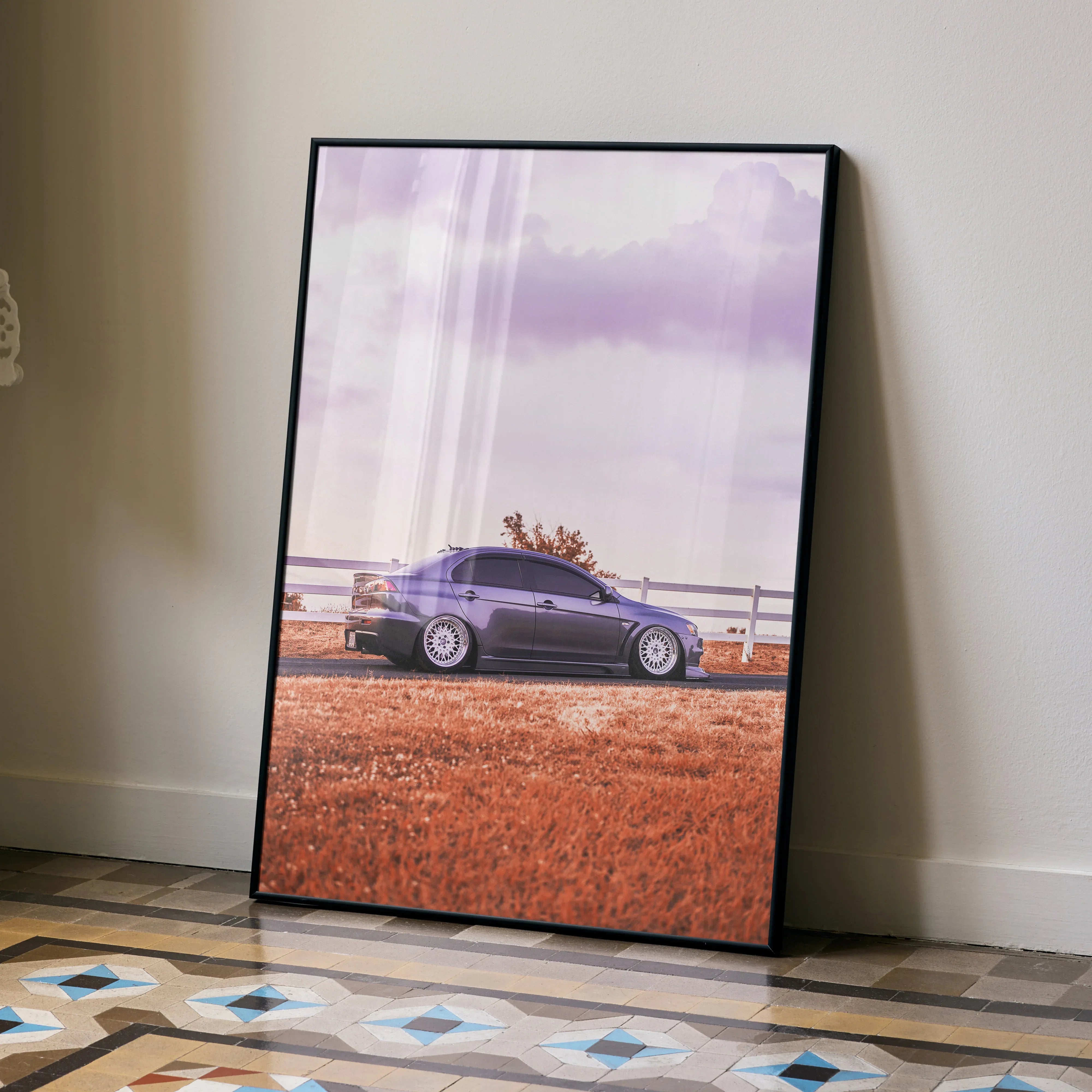 Mitsubishi Evo 10 poster with high-resolution car side view and scenic sky, wall art.