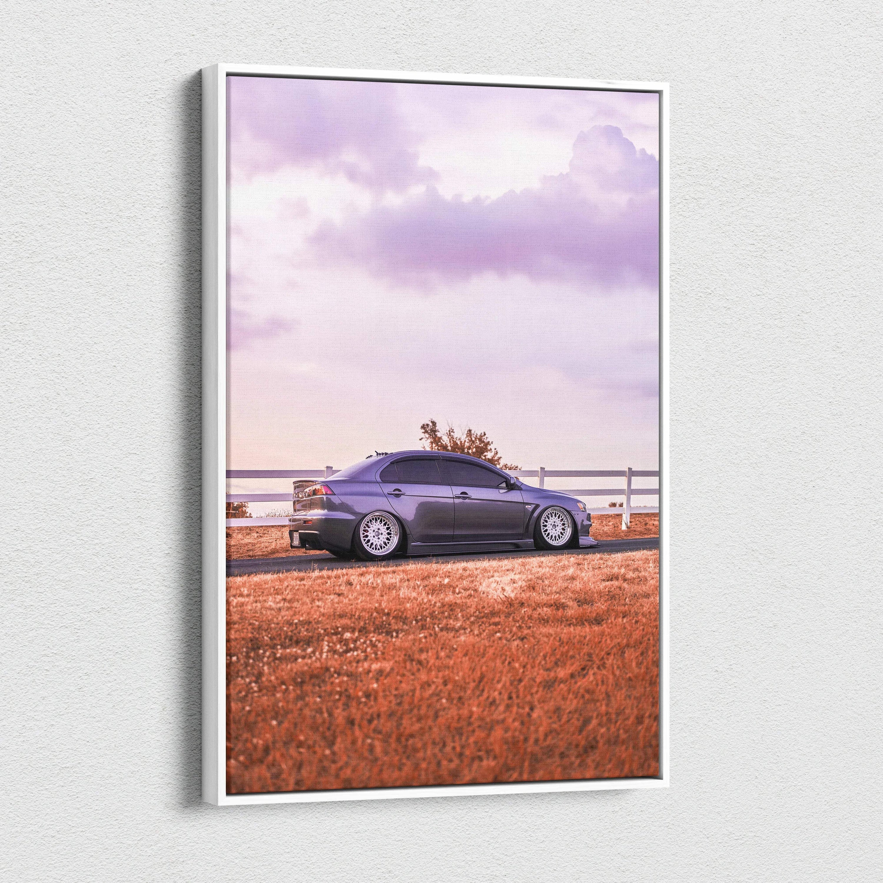Mitsubishi Evo 10 canvas art with purple sky and orange grass vertical wall art print.