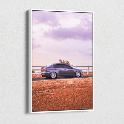 Mitsubishi Evo 10 canvas art with purple sky and orange grass vertical wall art print.