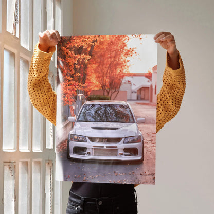 Mitsubishi Evo 8 poster with autumn leaves and residential street wall art.