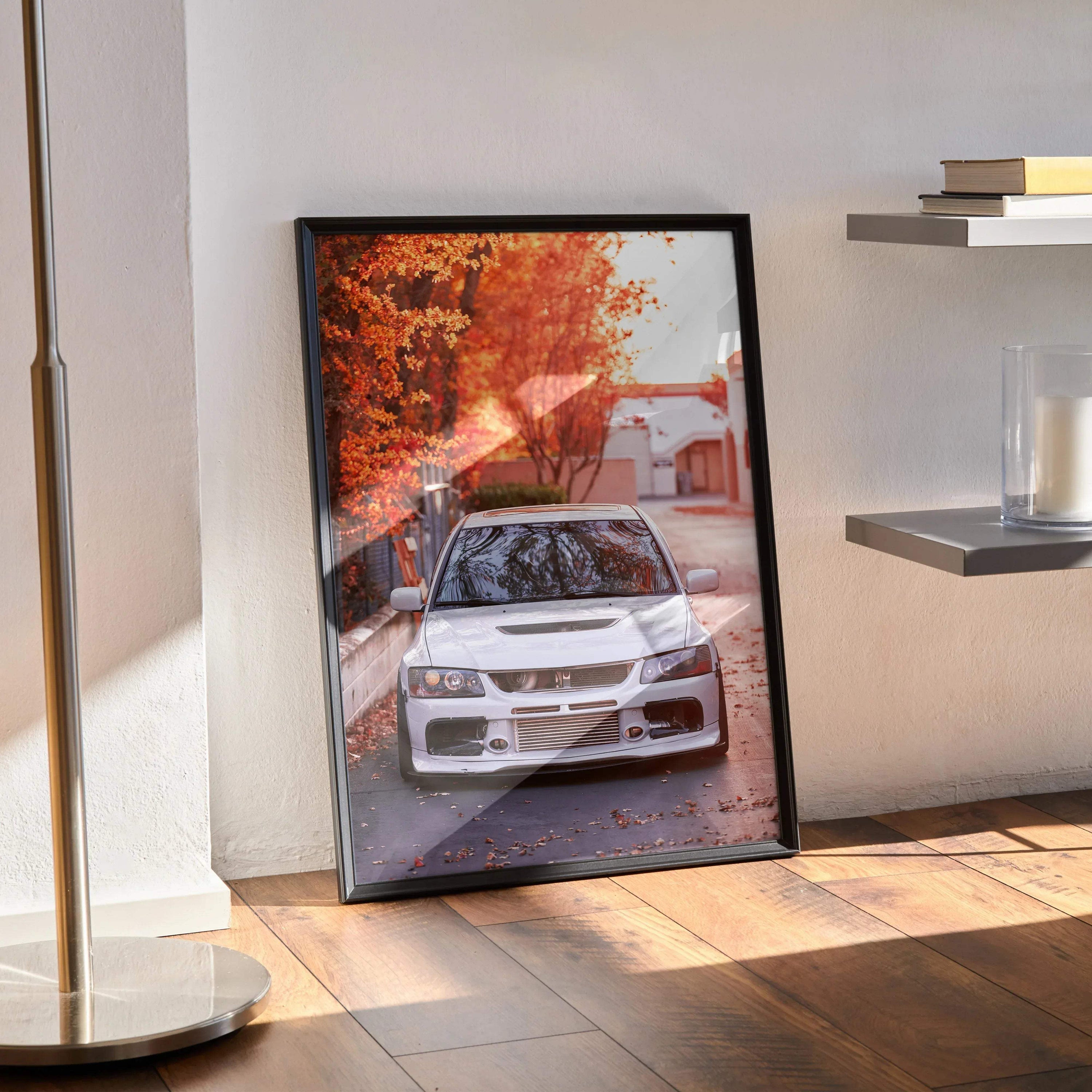 Mitsubishi Evo 8 poster wall art featuring a white car on a tree-lined street with autumn leaves.