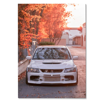 Mitsubishi Evo 8 front view poster with autumn trees and warm lighting wall art.