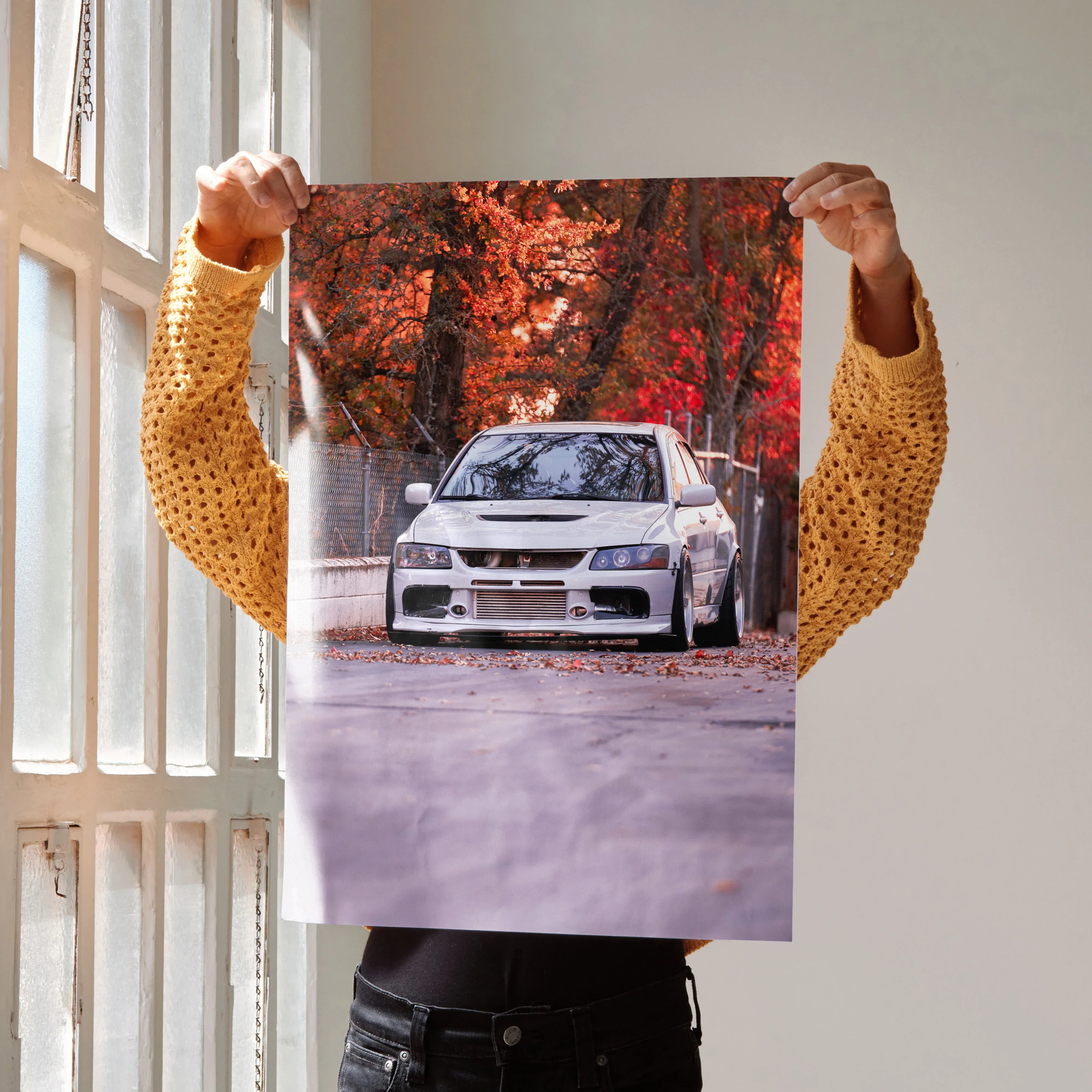 Mitsubishi Evo 8 poster showing white car on road with autumn trees, vibrant wall art.