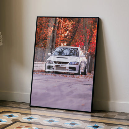 Mitsubishi Evo 8 poster with vibrant autumn forest background, premium wall art print.