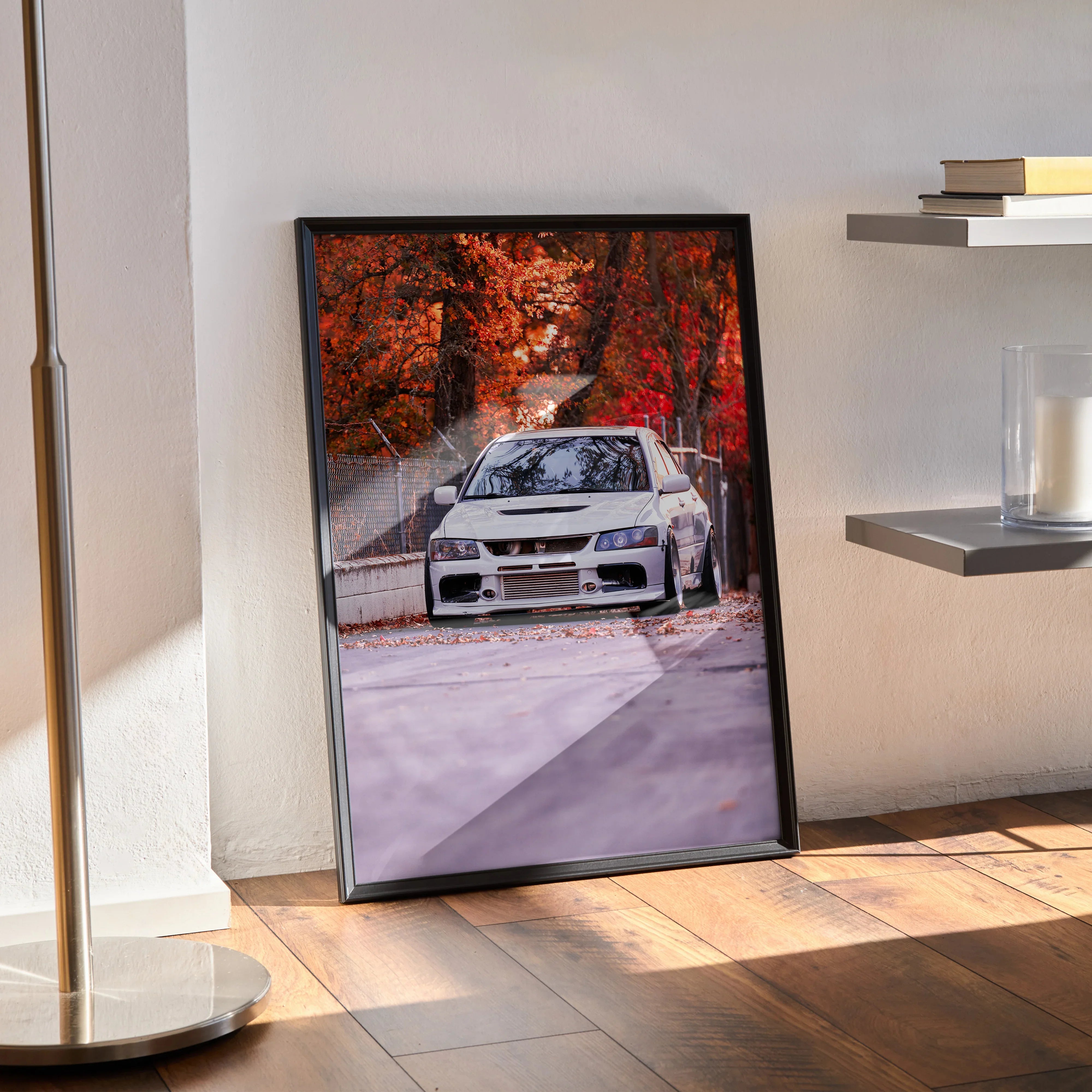 Mitsubishi Evo 8 racing car driving on road with autumn trees photo poster wall art.