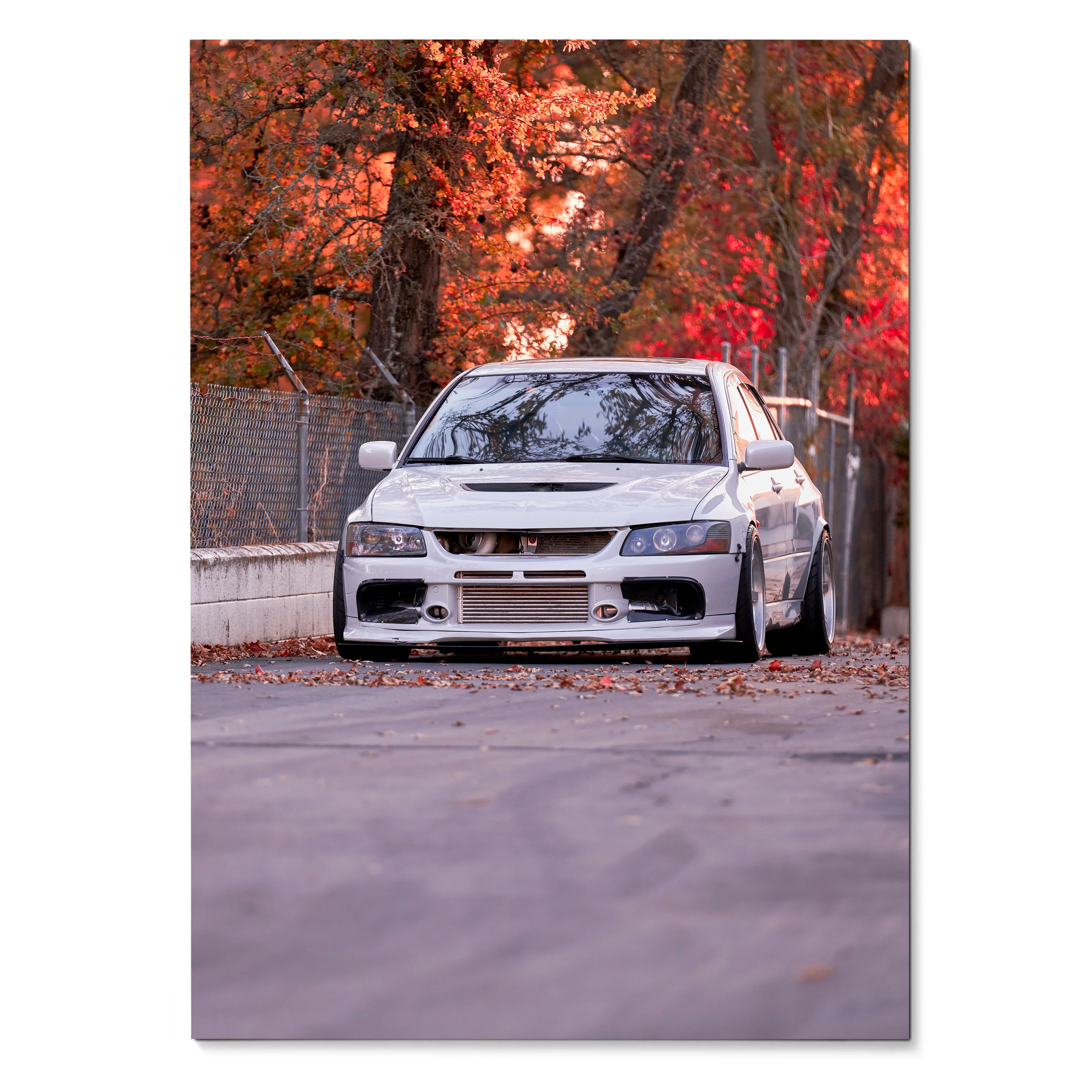 Mitsubishi Evo 8 racing car front view with autumn trees background poster wall art.