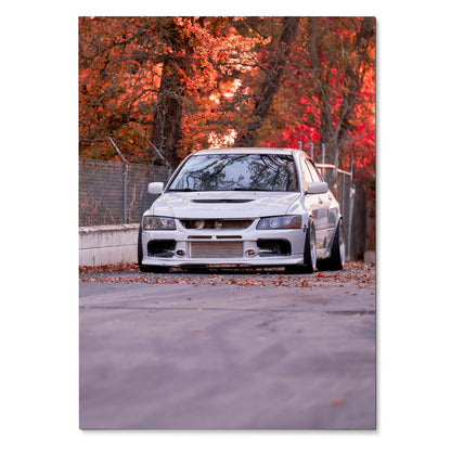 Mitsubishi Evo 8 racing car front view with autumn trees background poster wall art.