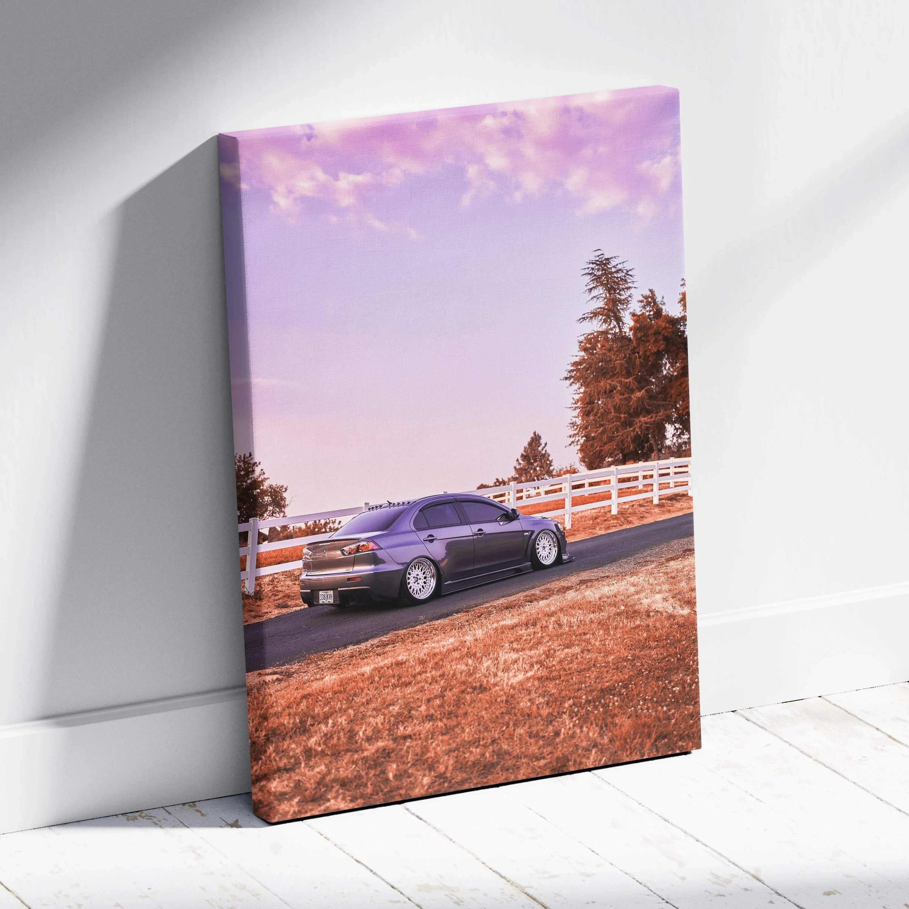 Vertical canvas art featuring a Mitsubishi Evo 10 parked by a white fence under a pink and purple sky.