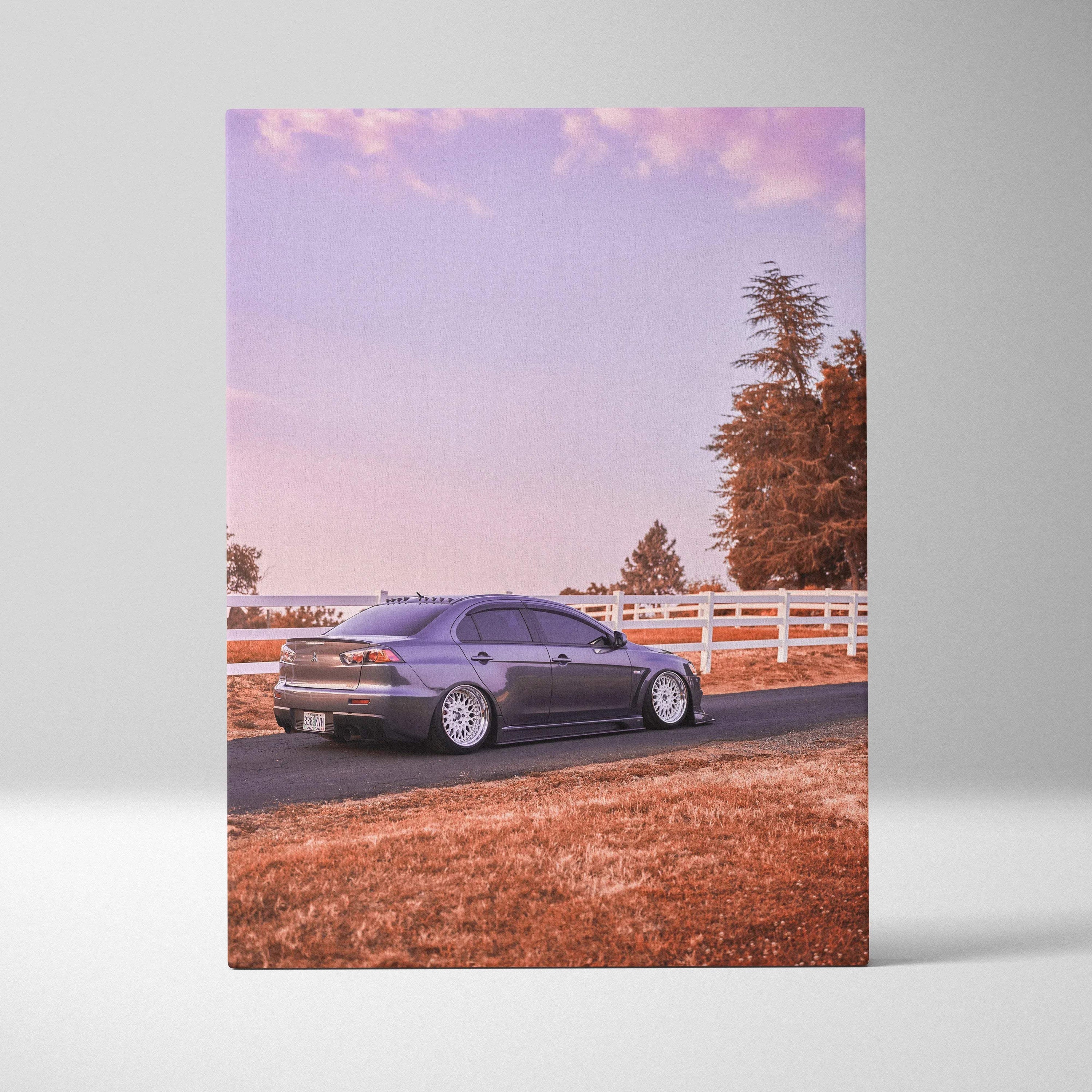 Mitsubishi Evo 10 parked roadside under pastel sky canvas wall art print.