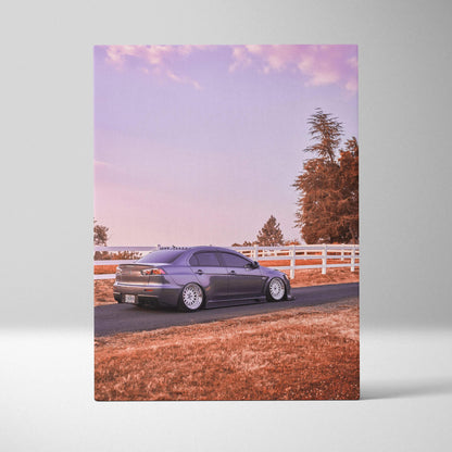 Mitsubishi Evo 10 parked roadside under pastel sky canvas wall art print.