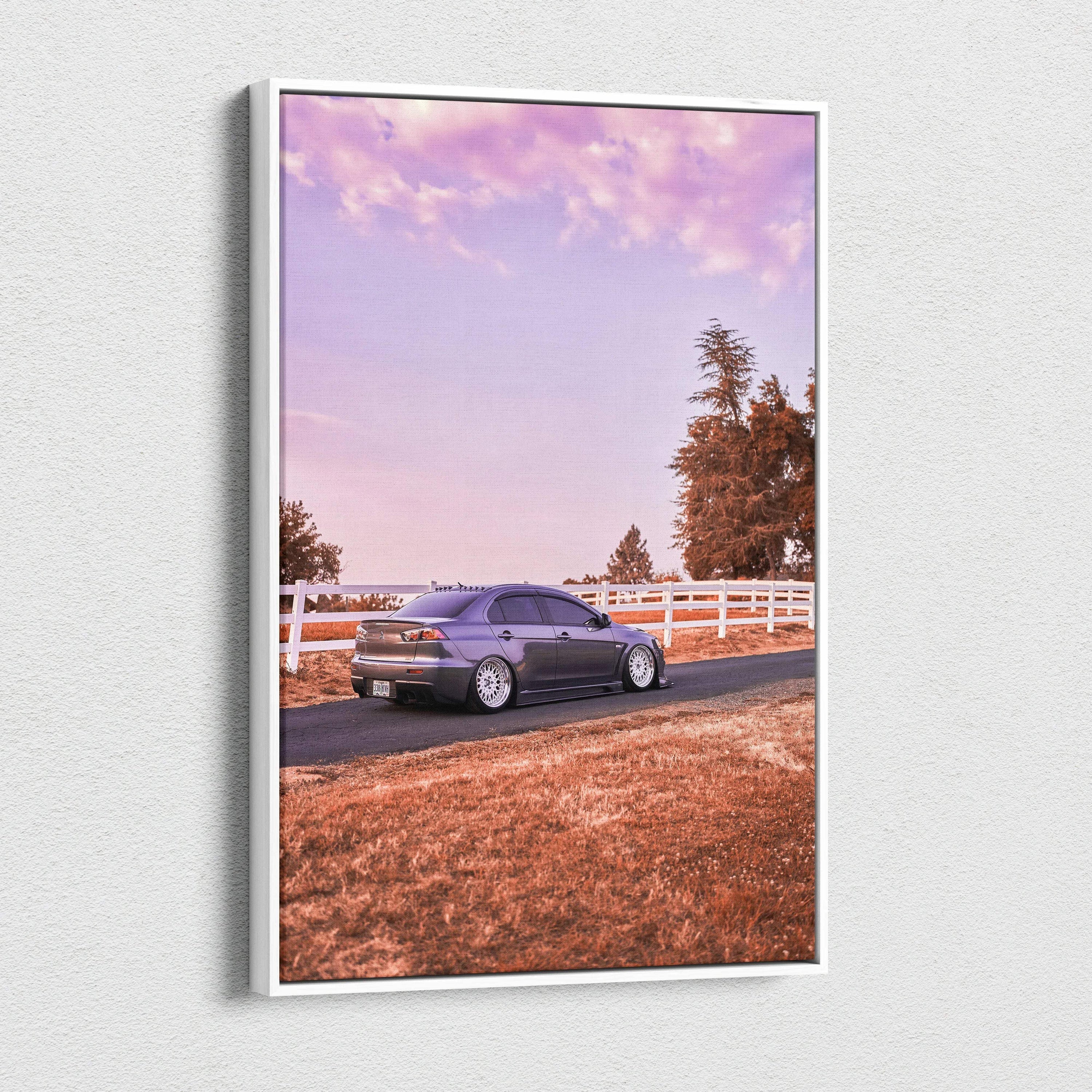 Mitsubishi Evo 10 canvas art with purple car on road and sunset sky, vertical wall art.