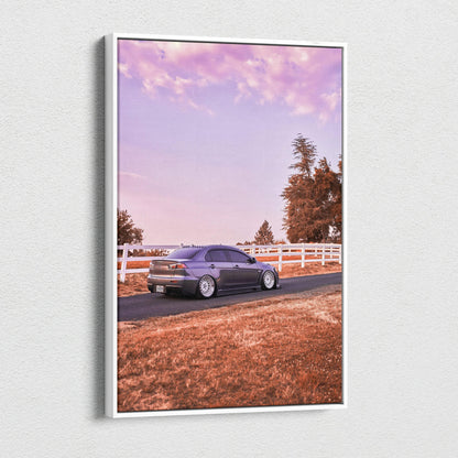 Mitsubishi Evo 10 canvas art with purple car on road and sunset sky, vertical wall art.