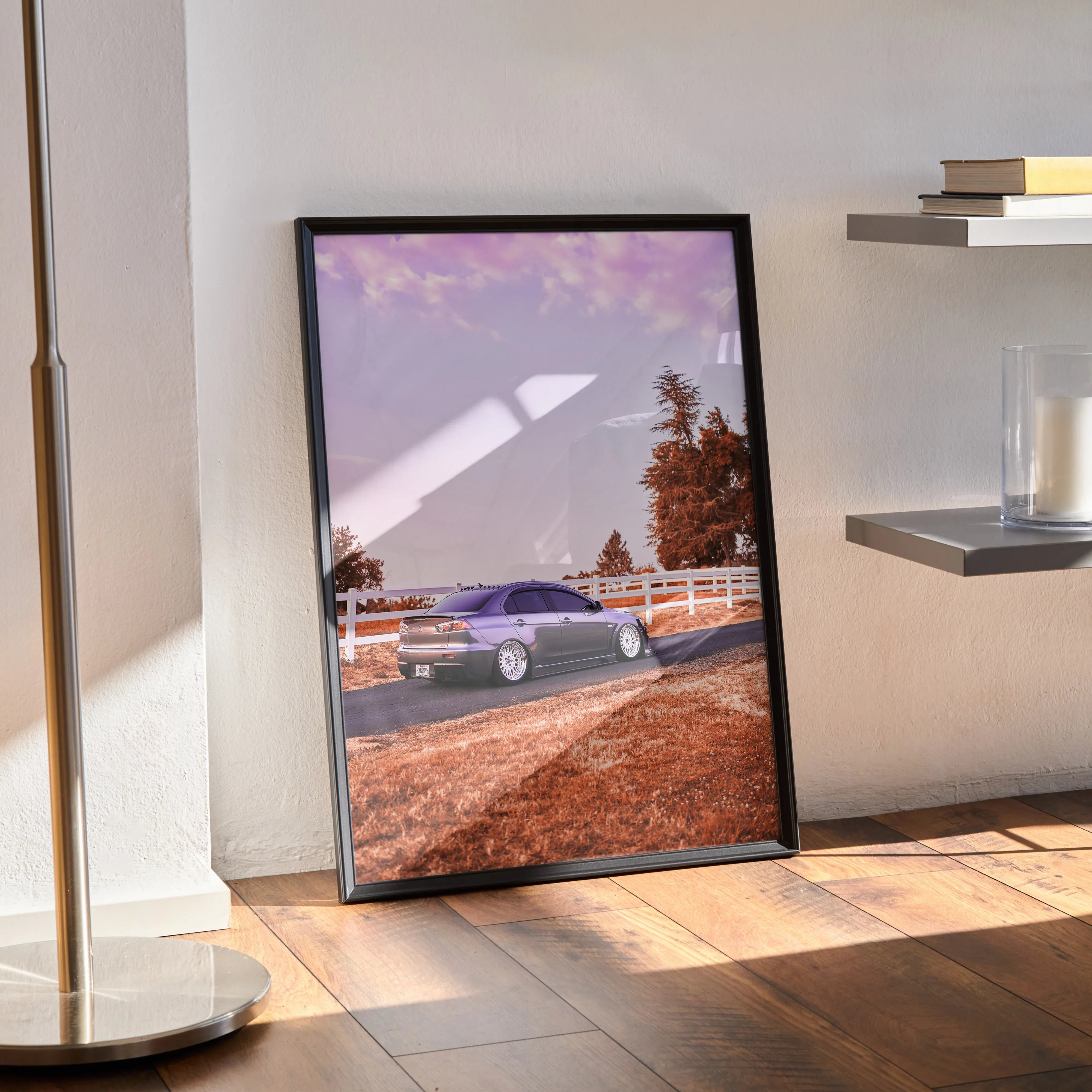 Mitsubishi Evo 10 car poster with purple sky, white fence, and autumn trees wall art.