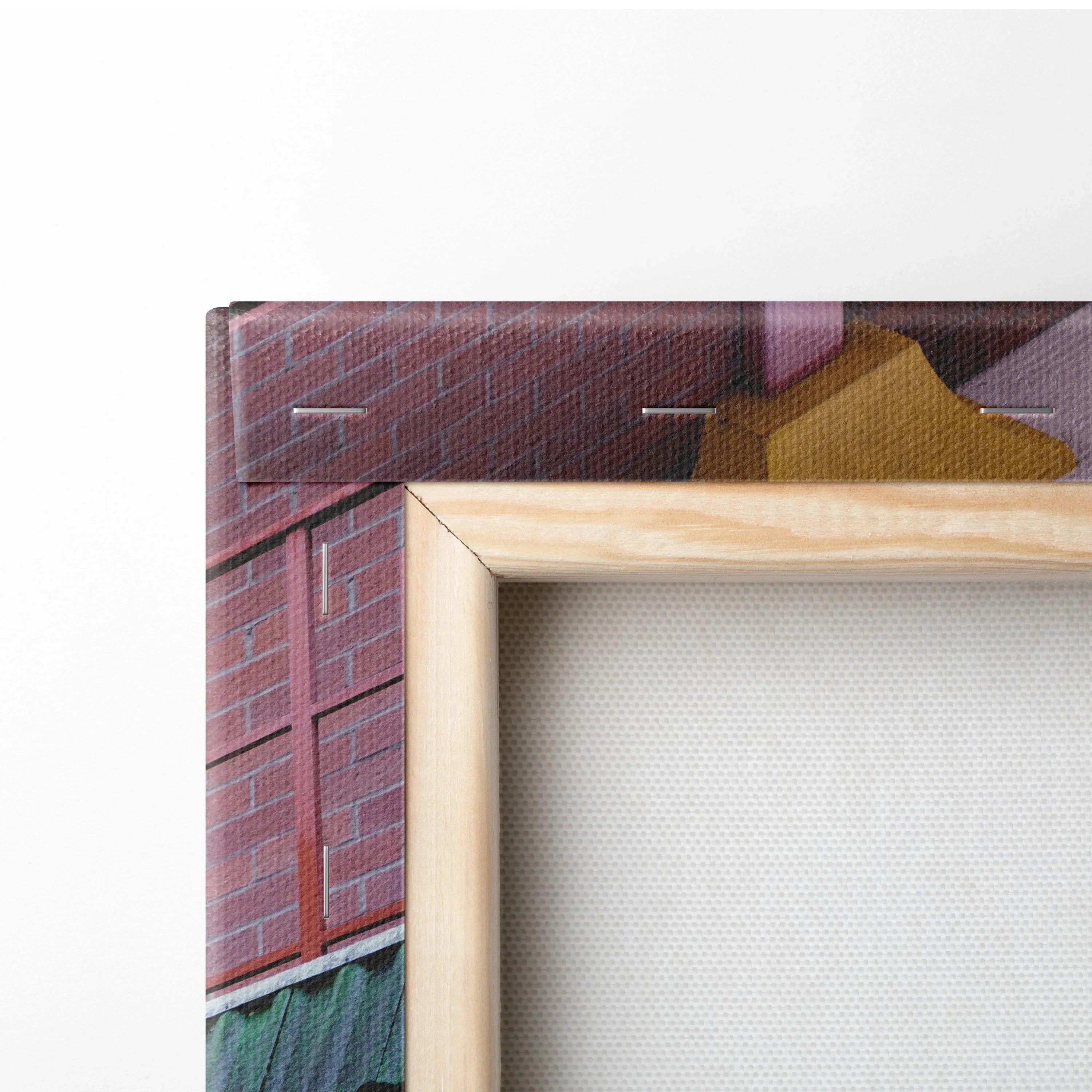 Close-up of wooden frame and textured canvas backing showcasing high-quality canvas wall art craftsmanship.
