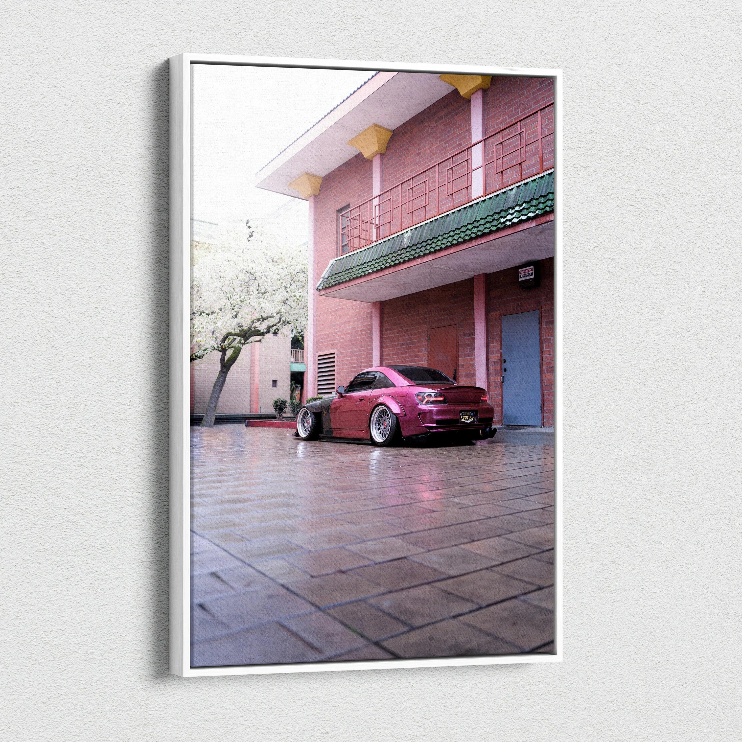 Honda S2000 red sports car against pink brick building canvas art wall decor.