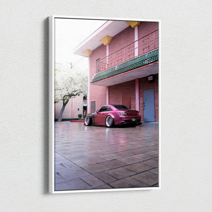 Honda S2000 red sports car against pink brick building canvas art wall decor.