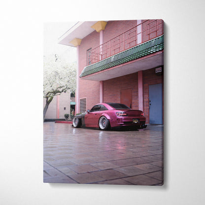 Vertical canvas art featuring a maroon Honda S2000 parked by a pink building, modern wall art print.