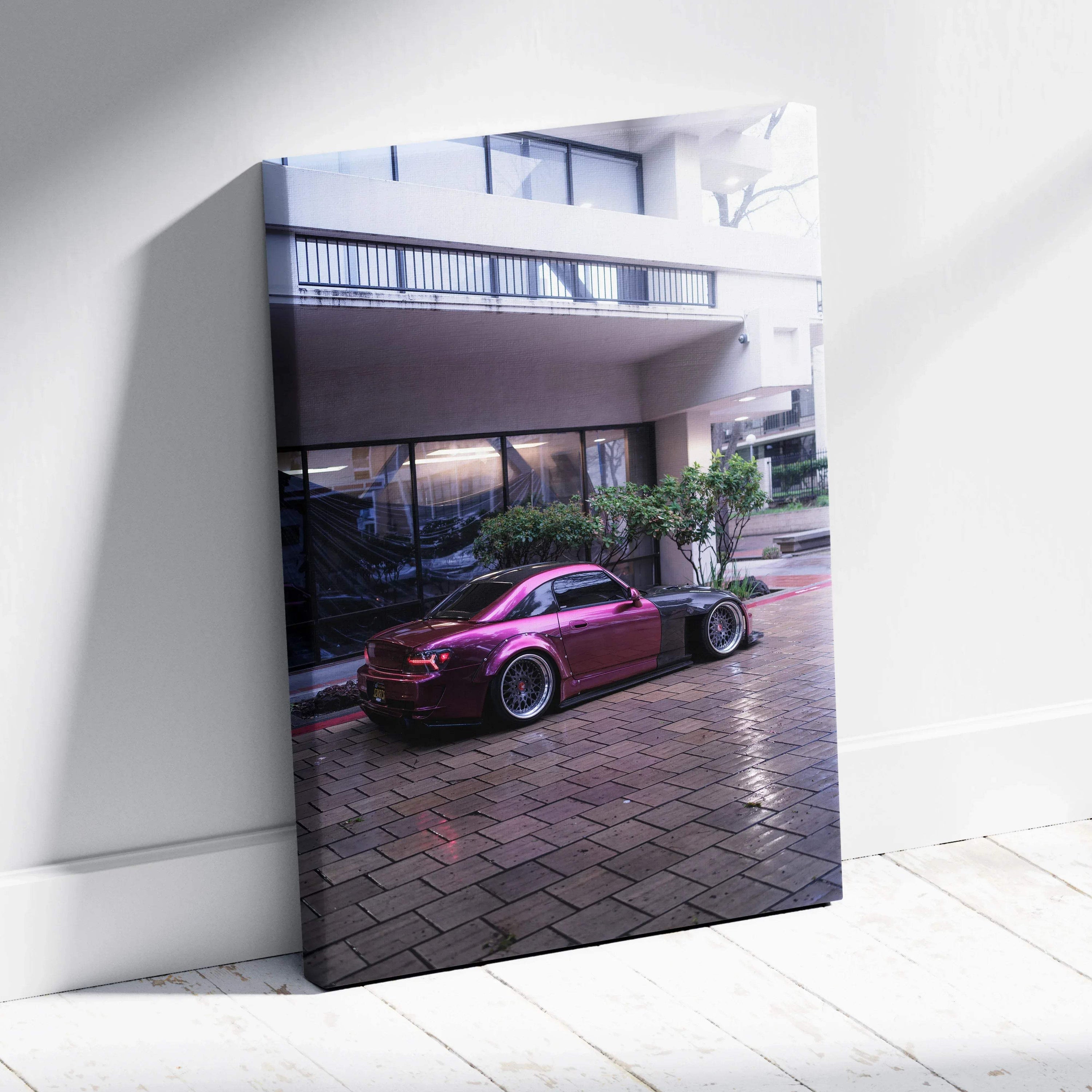 Honda S2000 car canvas art with glossy finish, vertical wall art in deep red and urban background.
