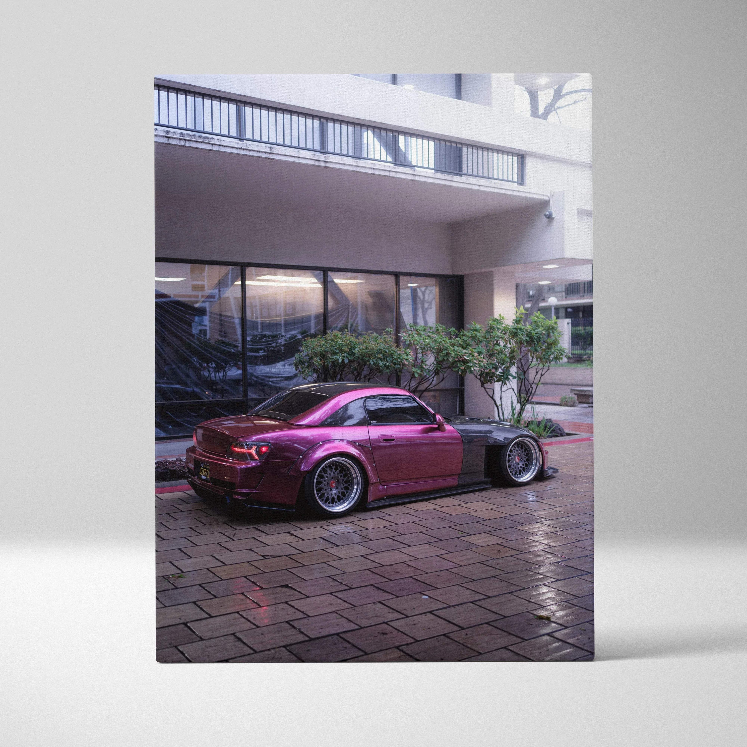 Honda S2000 canvas art featuring a glossy red sports car in urban setting, vertical wall art.