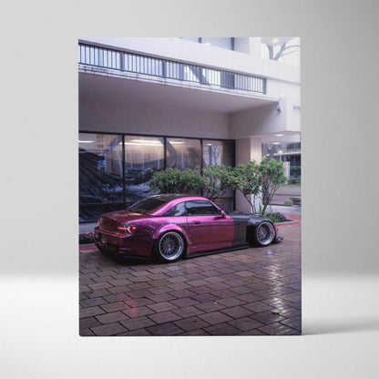 Honda S2000 canvas art featuring a glossy red sports car in urban setting, vertical wall art.