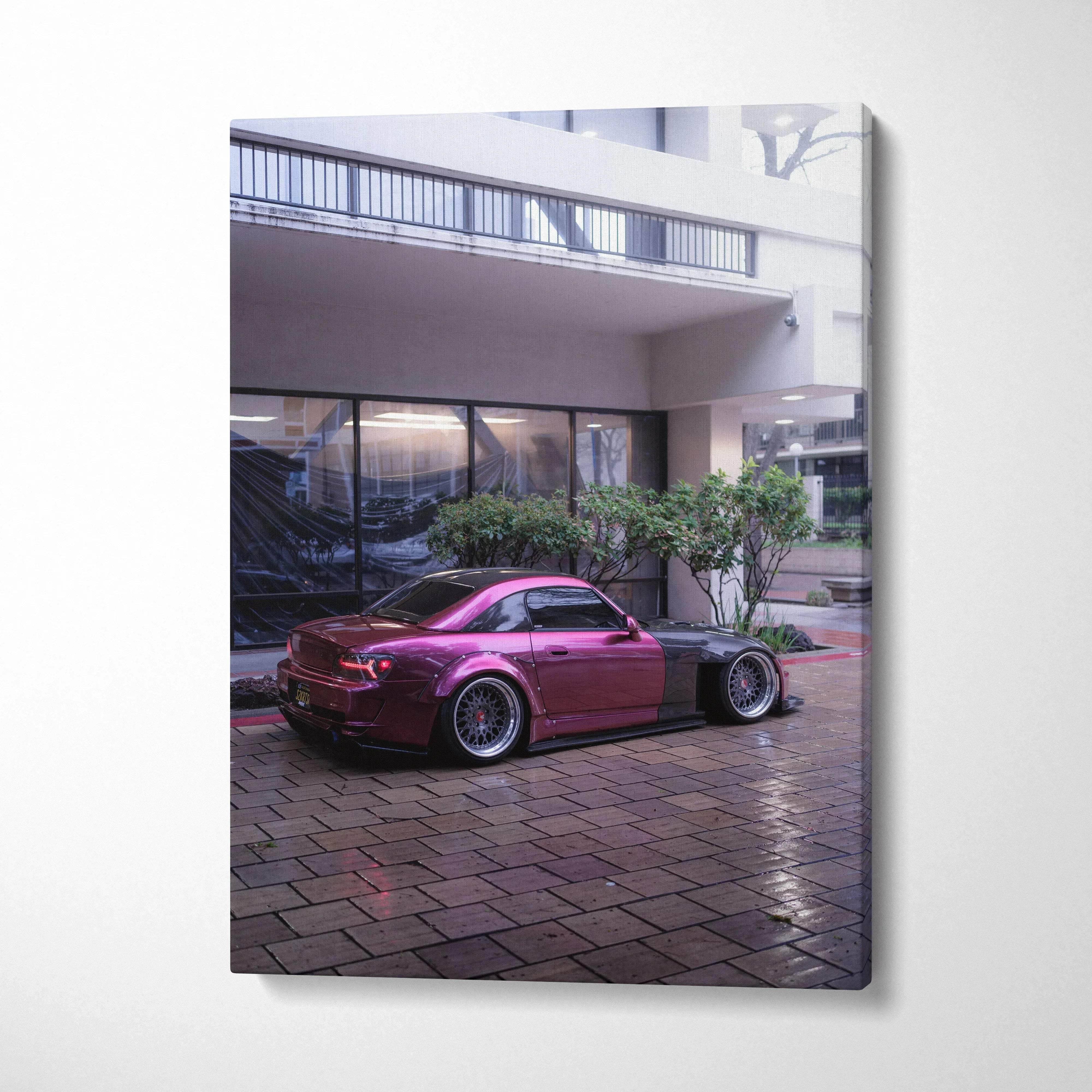 Honda S2000 car canvas wall art in urban setting, high-resolution vertical canvas art print.