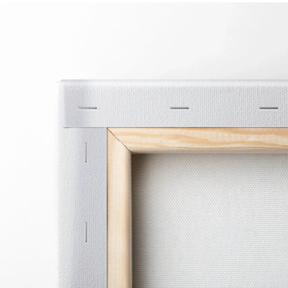 Close-up of wooden frame corner with white stretched canvas, vertical canvas art wall decor.