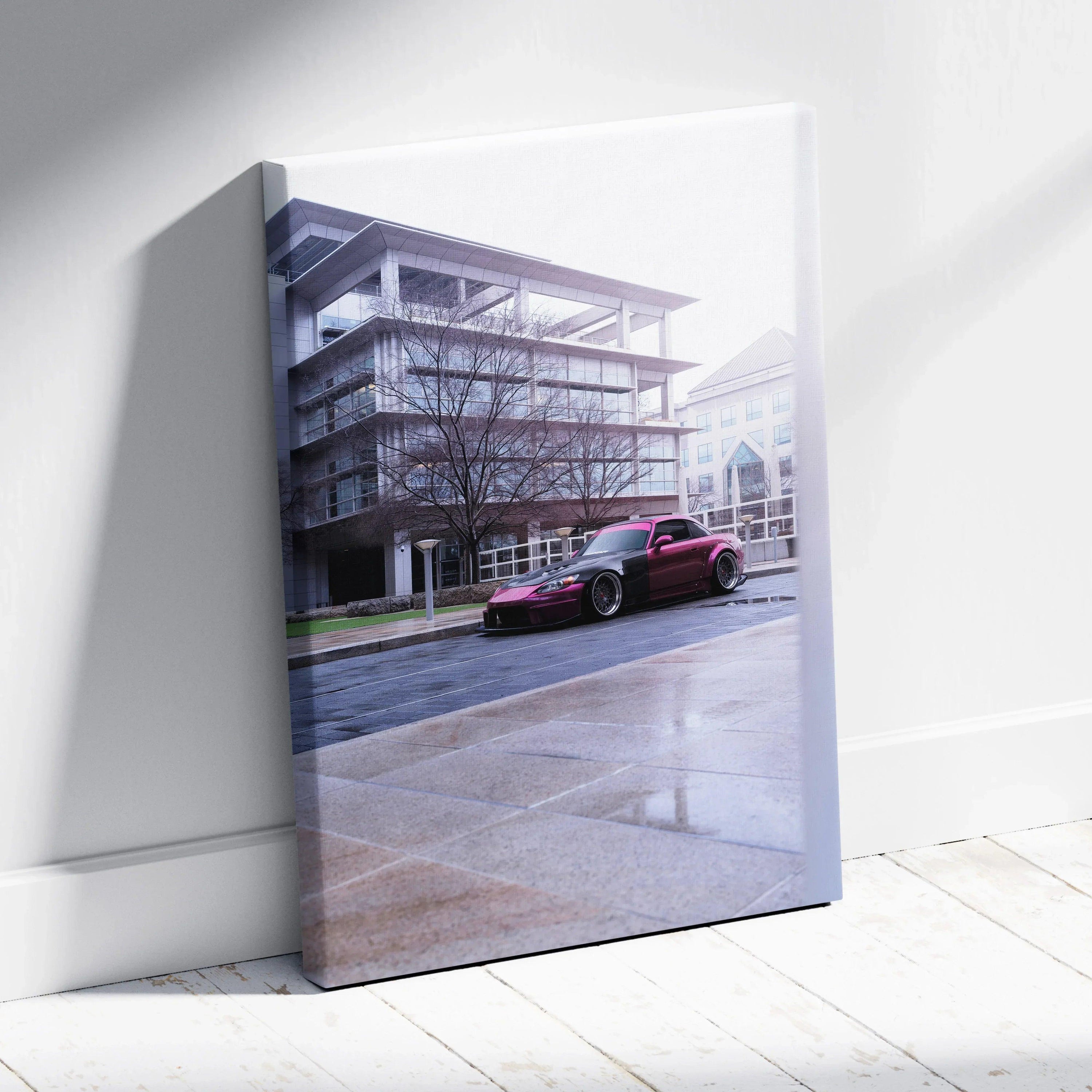 Honda S2000 red sports car parked by modern building canvas wall art vertical canvas art.