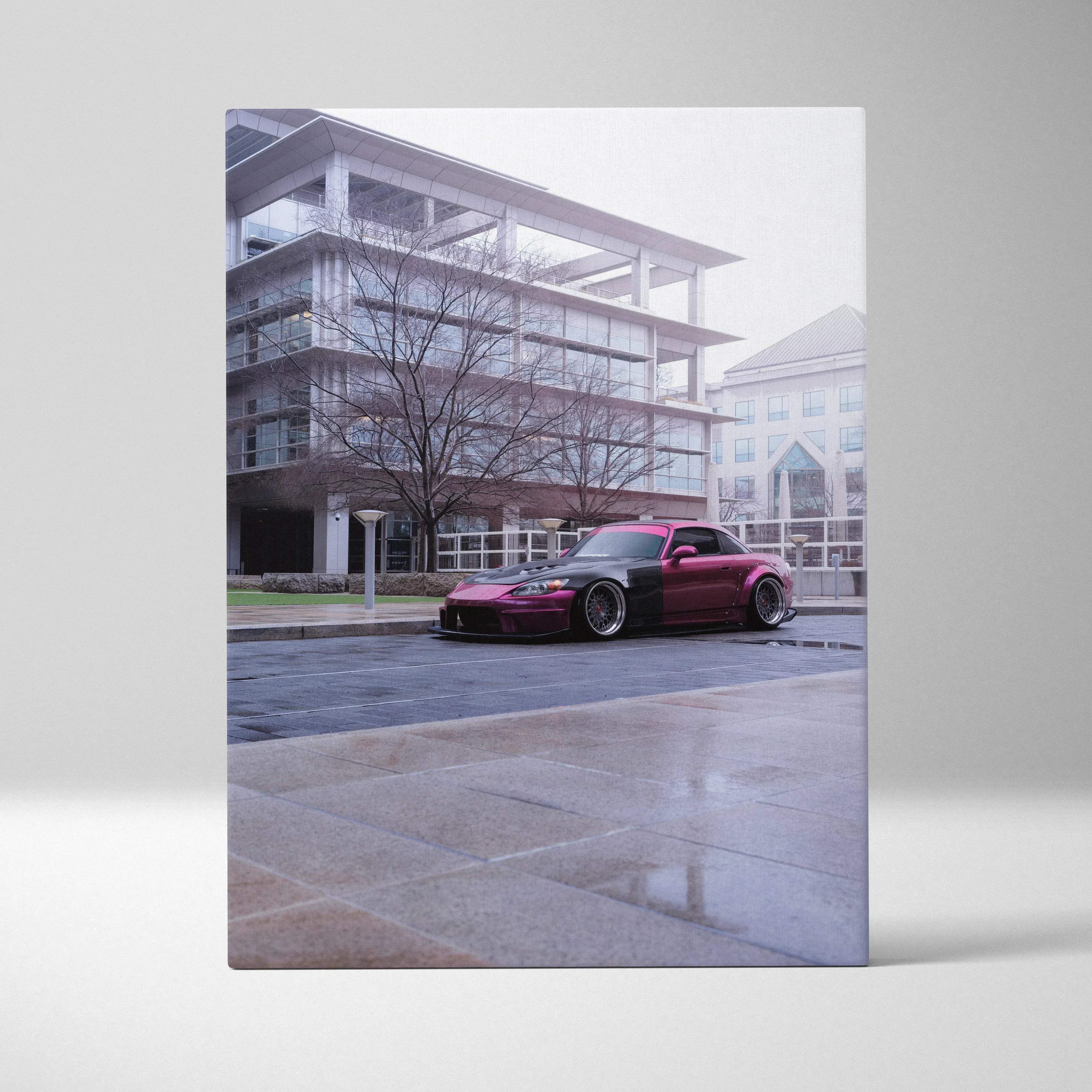 Canvas wall art vertical print of a maroon and black honda s2000 with wide-body kit in an urban burgundy scene