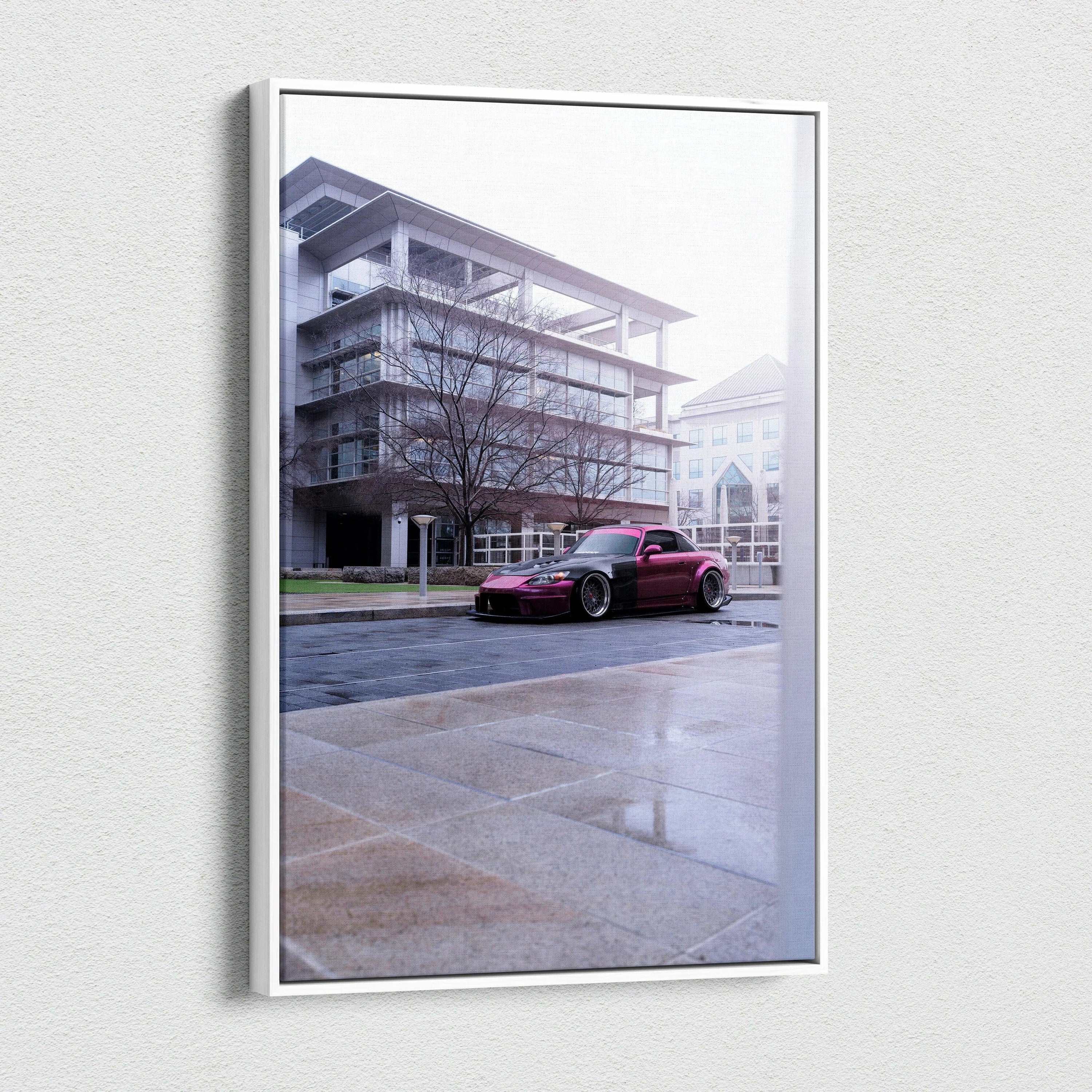 Honda S2000 car canvas art vertical wall art with urban building background.