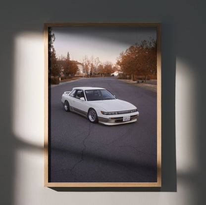 Nissan 240sx S13 Silvia parked on empty street in autumn setting poster wall art.